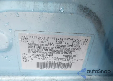 2014 Nissan Versa Note Sv z USA, uszkodzony, nr VIN 3N1CE2CP4EL364843